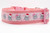 Pink dog collar with a snowflake pattern and santa and bow wearing hippos