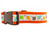 Multicolored fall leaves in brown, orange, lime and blue with swirls on an orange nylon.