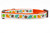 Multicolored fall leaves in brown, orange, lime and blue with swirls on an orange nylon.
