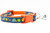 Multicolored fall leaves in brown, orange, lime and blue with swirls and dark blue background on an orange nylon.
