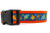 Multicolored fall leaves in brown, orange, lime and blue with swirls and dark blue background on an orange nylon.