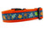 Multicolored fall leaves in brown, orange, lime and blue with swirls and dark blue background on an orange nylon.