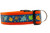 Multicolored fall leaves in brown, orange, lime and blue with swirls and dark blue background on an orange nylon.