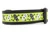 Lime green collar with black and white voodoo dolls along with spiders and moons.