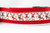 Red dog collar with a repeating pattern of reindeer wearing Santa hats. 