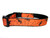 Orange and black dog collar with a spiderweb and spider design.