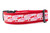 Collar with "Love" in red, pink, and fuchsia on white ribbon set on red nylon.  