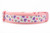 A close-up of a dog collar featuring a colorful Valentine's Day conversation heart candy pattern.
