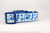 Bright blue assortment of seahorses, flamingos and starfish decorate this blue collar.
