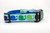 A blue, white, and green dog collar with a repeating pattern of whales.