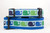 A blue, white, and green dog collar with a repeating pattern of whales.
