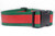 A red and green dog collar with a glitter red ribbon stripe.
