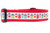 Red and white dog collar with a Christmas ornament pattern.