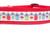 Red and white dog collar with a Christmas ornament pattern.