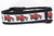 Dog collar with a pattern of red pickup trucks carrying Christmas trees.