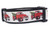 A dog collar with a design featuring a repeating pattern of red pickup trucks carrying Christmas trees. 