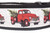 A dog collar with a design featuring a repeating pattern of red pickup trucks carrying Christmas trees. 