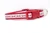 A red and white cat collar with a pattern of red reindeer and hearts. 