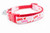 Cat collar with "Love" print in red, pink, and fuchsia on white ribbon and red nylon.