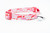 Cat collar with "Love" print in red, pink, and fuchsia on white ribbon and red nylon.