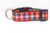 A black dog collar with a red and white plaid ribbon with gold glitter accents.
