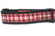 A black dog collar with a red and white plaid ribbon with gold glitter accents.