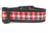 A black dog collar with a red and white plaid ribbon with gold glitter accents.