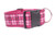 A pink dog collar with a plaid pattern in shades of pink and black, accented with silver glitter dots.