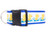 A white dog collar with royal blue nylon and pattern of yellow rubber ducks in blue water. 
