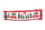 Red dog collar with a white background featuring a Christmas scene with red cars carrying Christmas trees and a red bow.