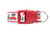 Red dog collar with a white background featuring a Christmas scene with red cars carrying Christmas trees and a red bow.