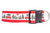 Red dog collar with a white background featuring a Christmas scene with red cars carrying Christmas trees and a red bow.