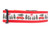 Red dog collar with a white background featuring a Christmas scene with red cars carrying Christmas trees and a red bow.