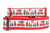 Red dog collar with a white background featuring a Christmas scene with red cars carrying Christmas trees and a red bow.