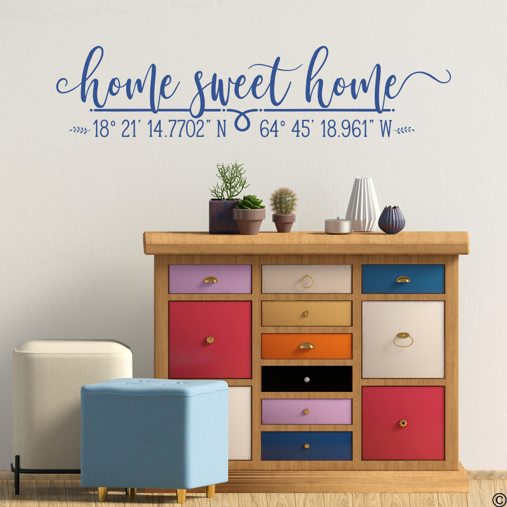 Home Sweet Home wall decal with customizable DMS coordinates in limited edition denim vinyl color.