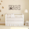 "Fairytales Begin Here," vinyl wall decal quote with castle and elaborate frame in brown