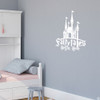 Castle with "Fairytales Begin Here," wall decal quote in white