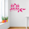 Love birds, owls on a branch vinyl wall decal quote in pink