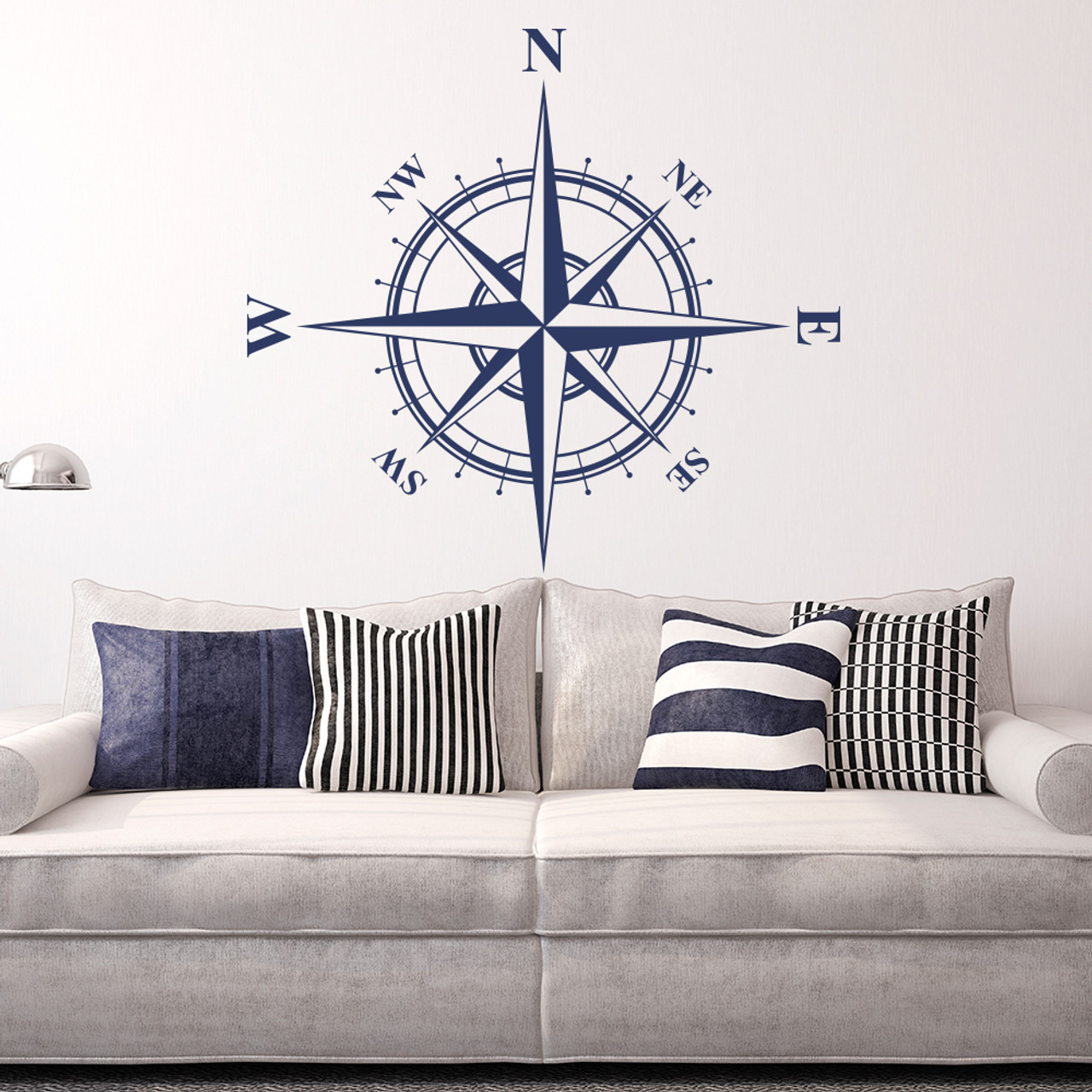 The Charles compass wall decal shown here in dark blue vinyl.