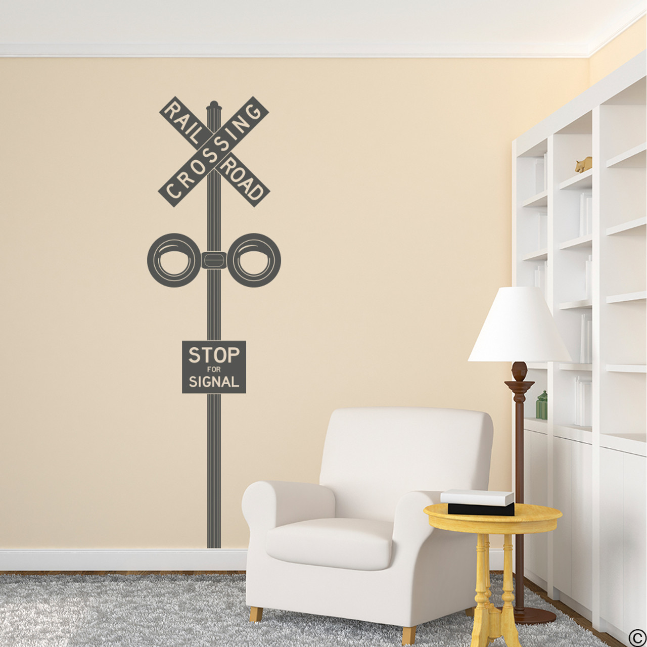 Train Crossing vinyl wall decal in dark grey