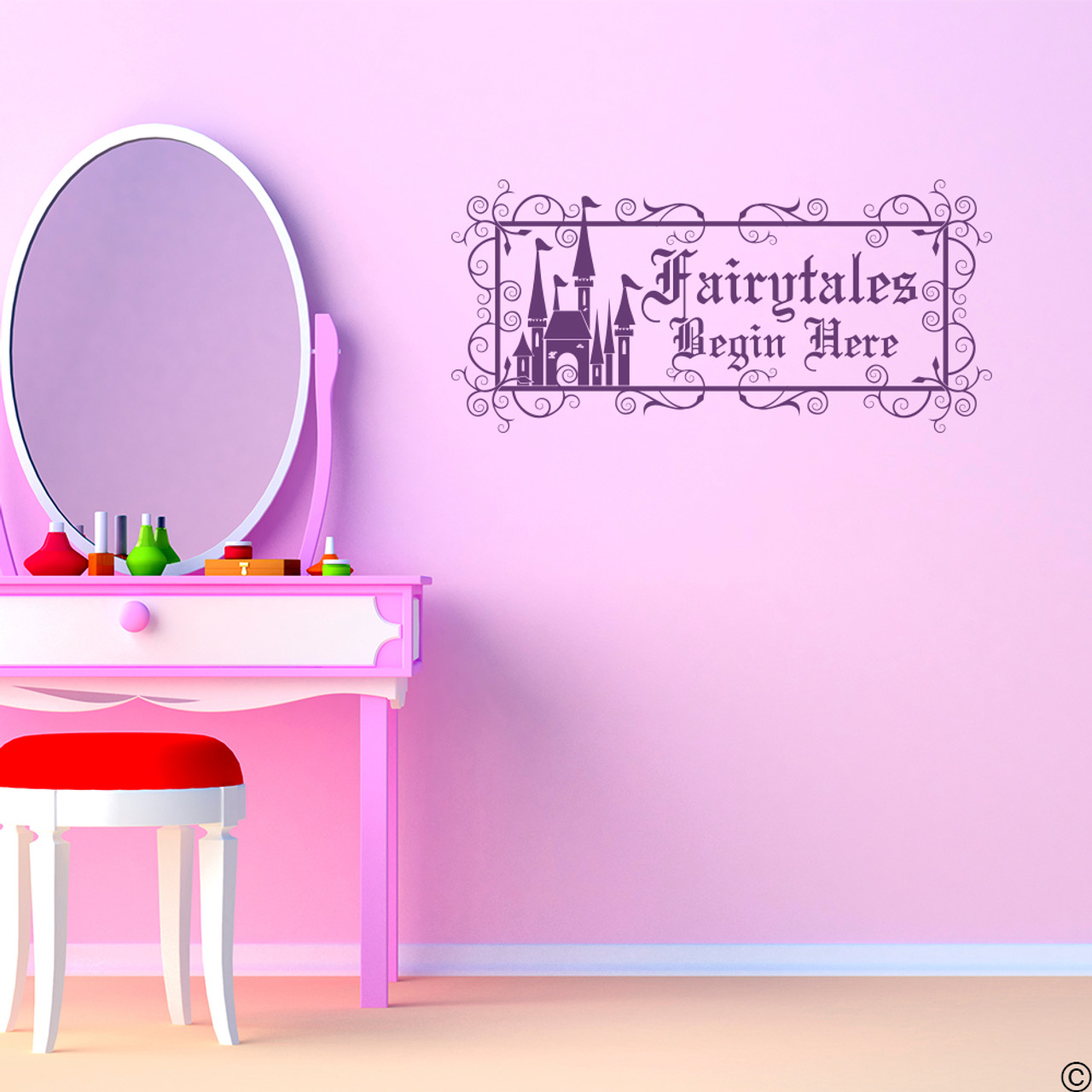 "Fairytales Begin Here," vinyl wall decal quote with castle and elaborate frame in violet