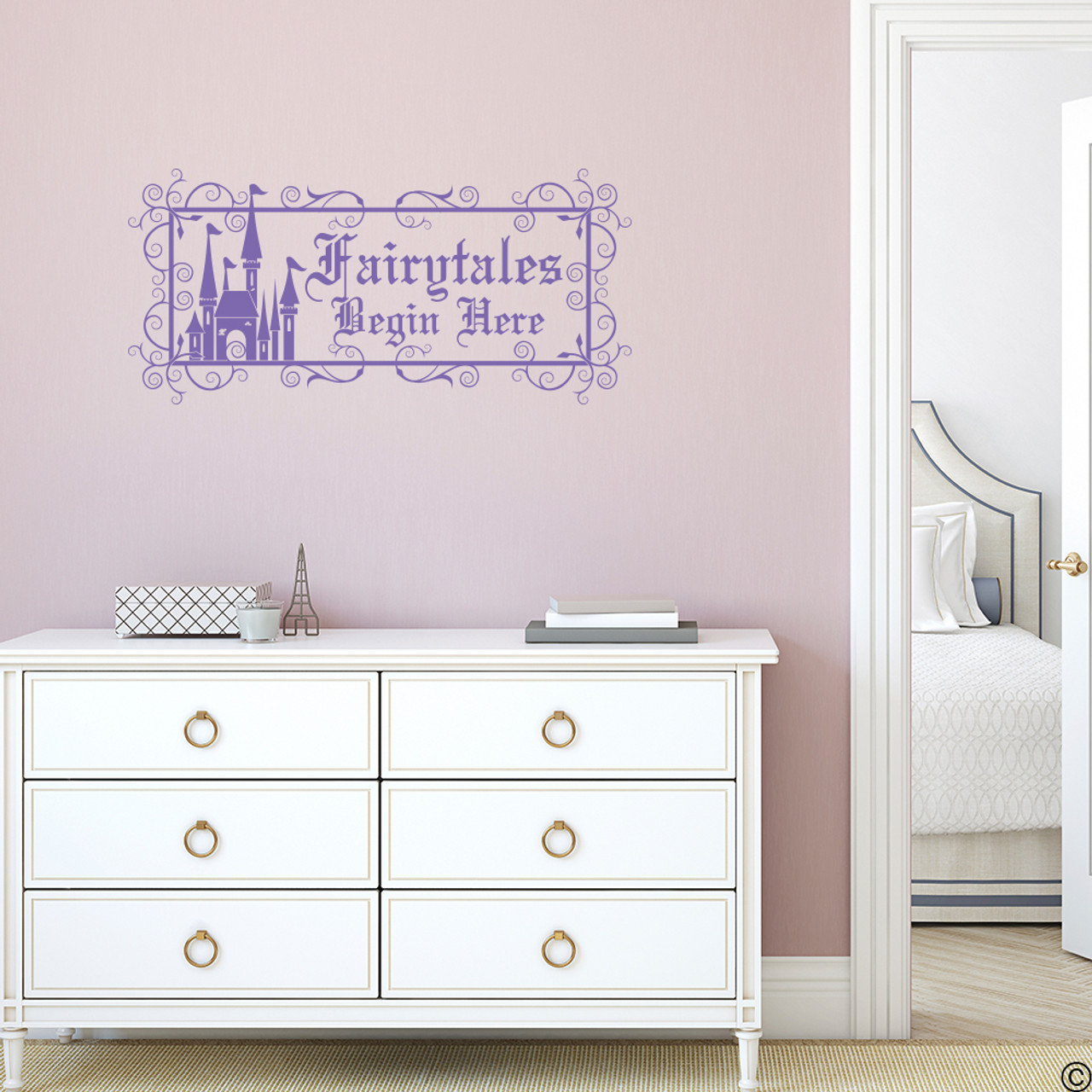 "Fairytales Begin Here," vinyl wall decal quote with castle and elaborate frame in lavender