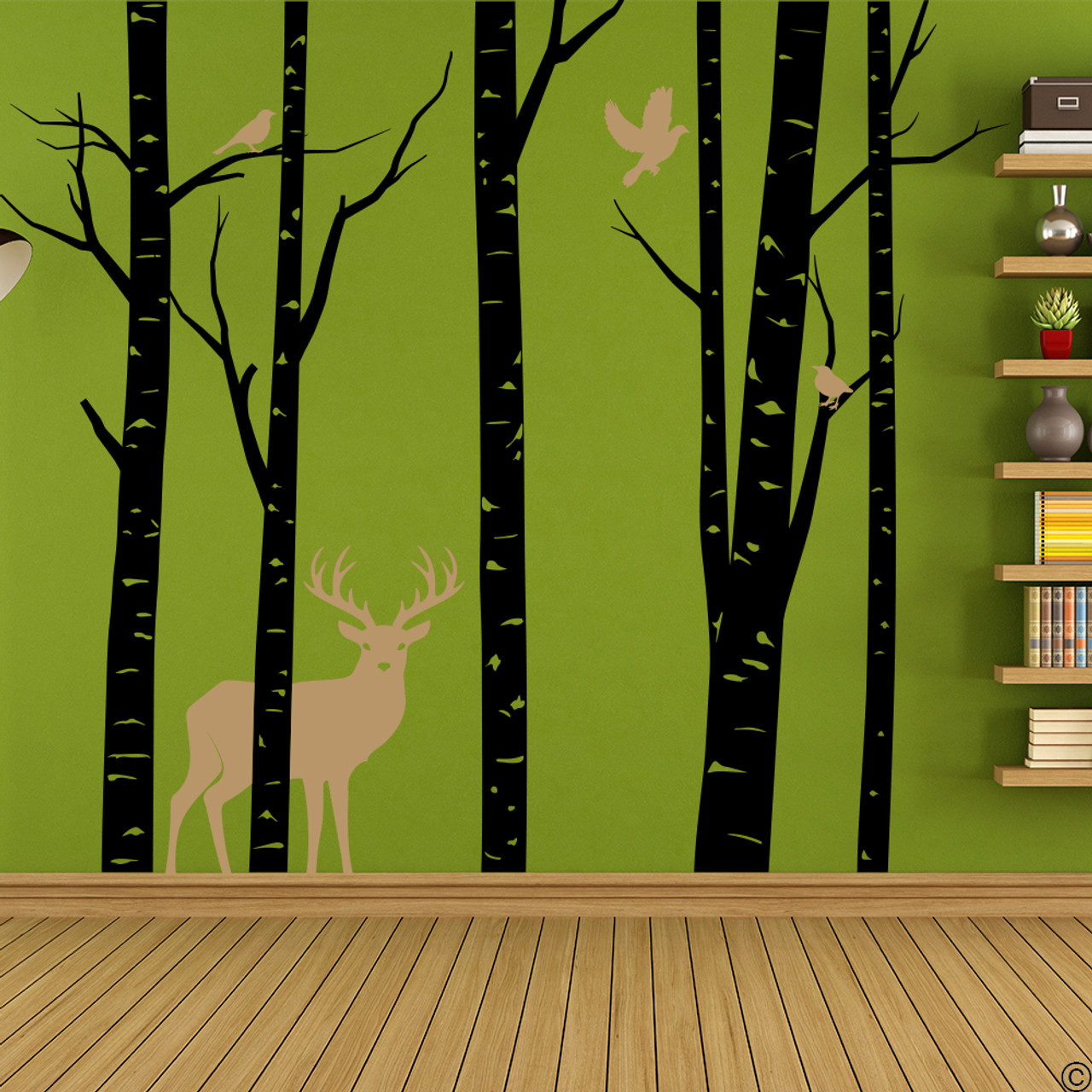 Aspen Trees mural with deer and birds vinyl wall decal in black and light brown