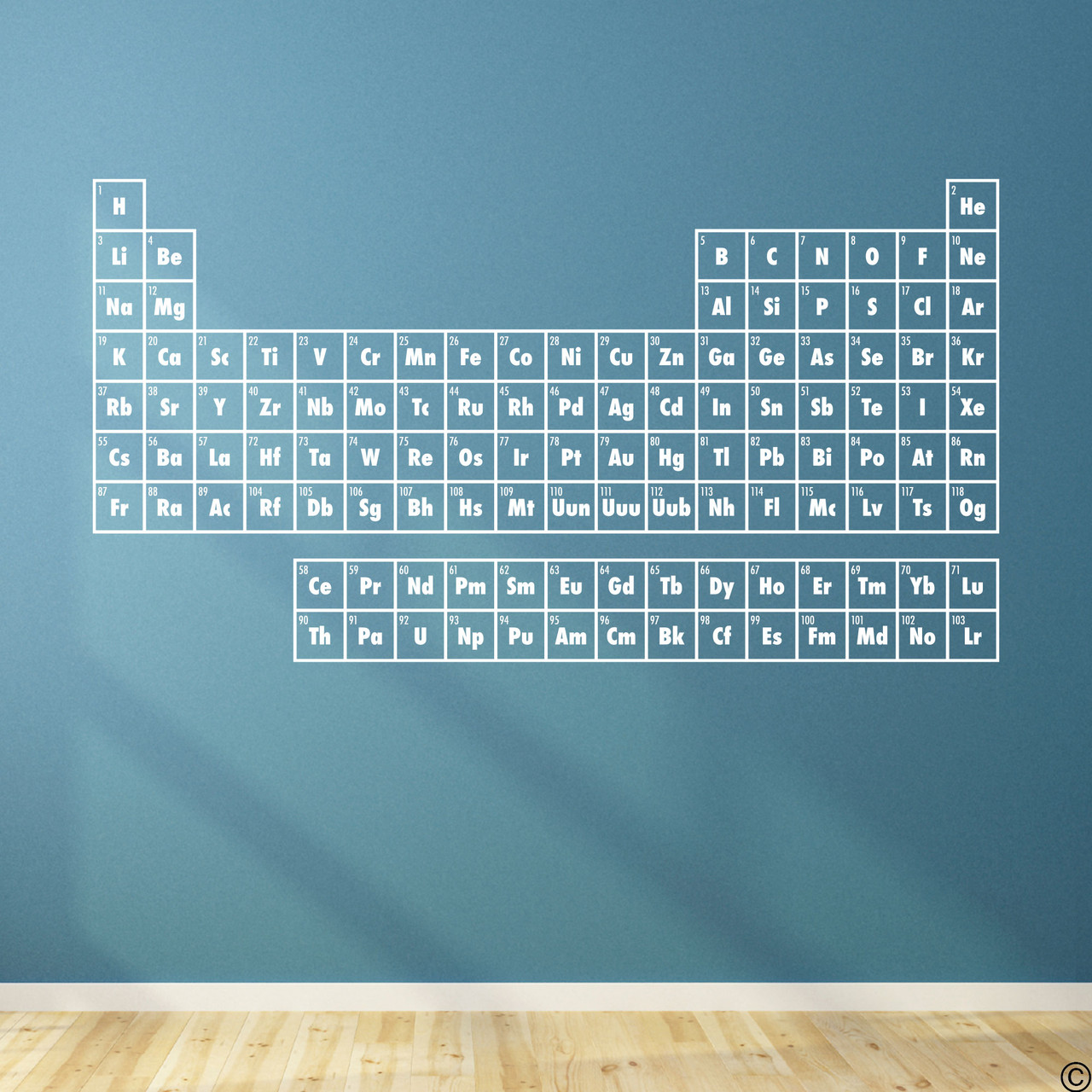 The Periodic Table of Elements wall decal shown here in white vinyl.