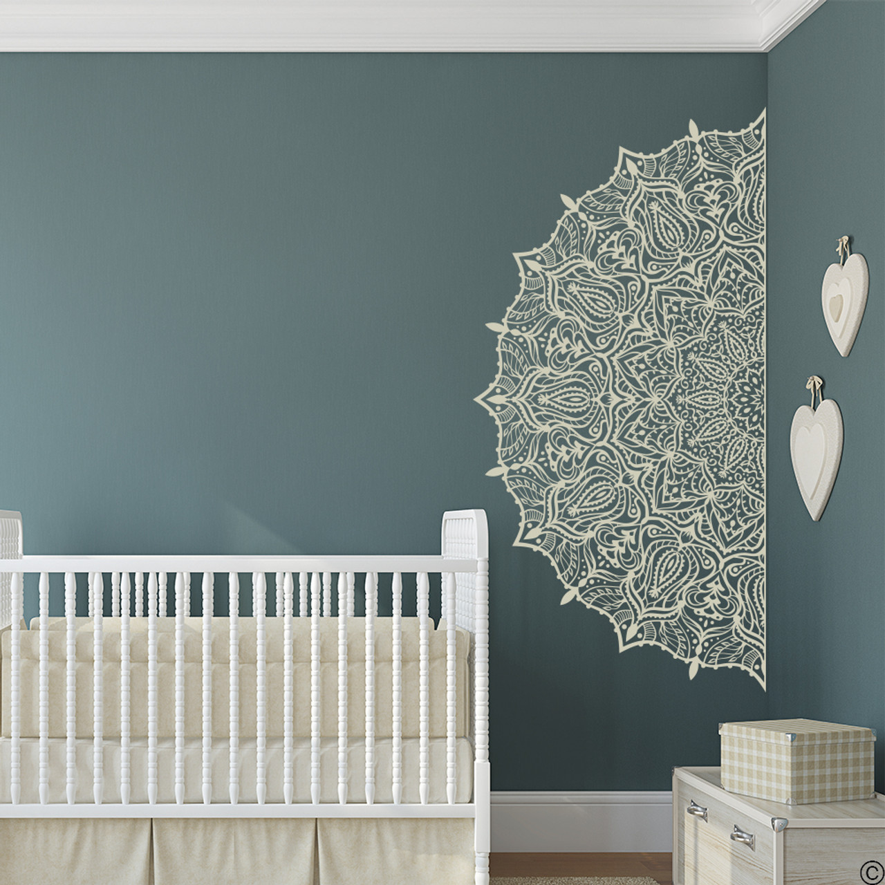 The Eshita Half Mandala vinyl wall decal in warm grey