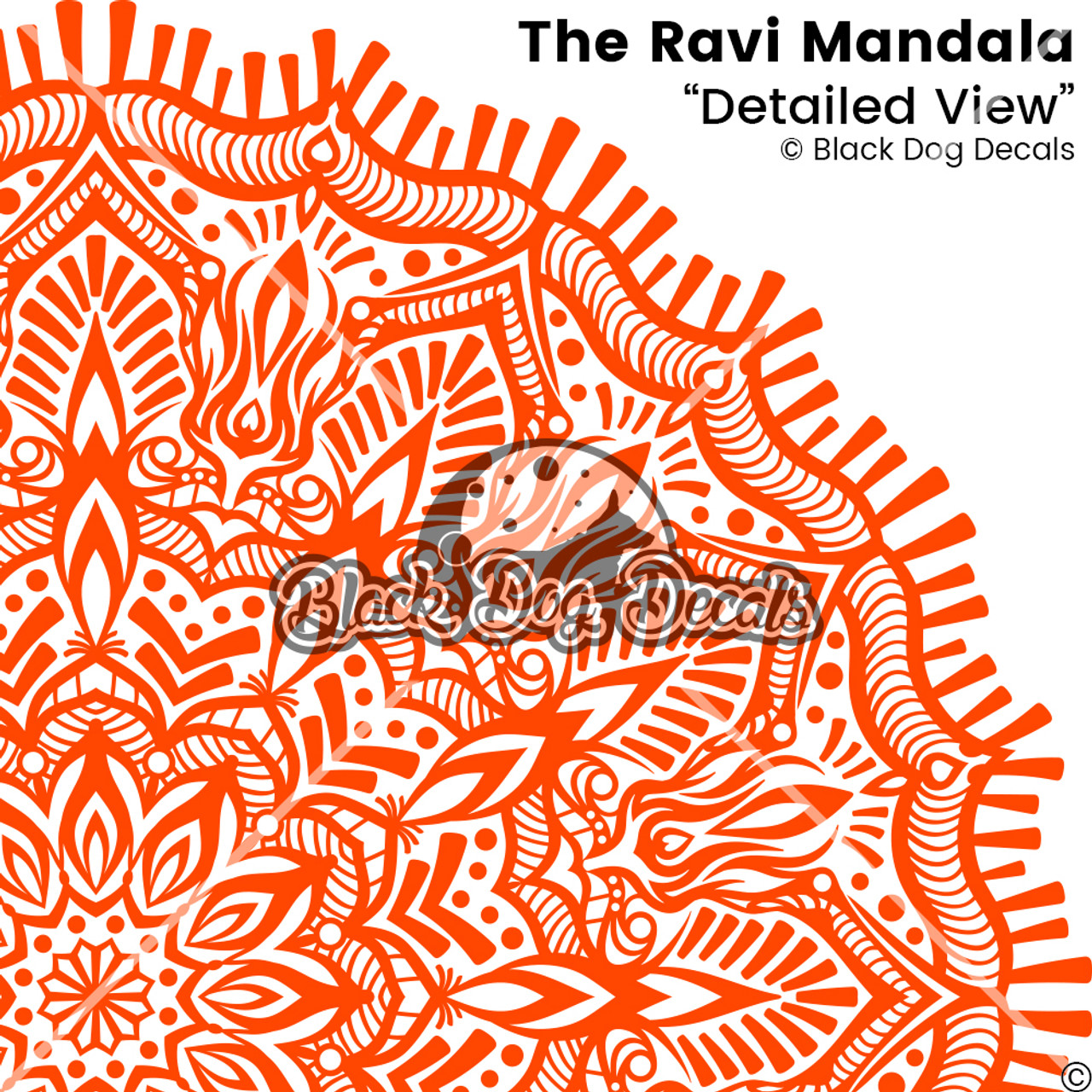 Close  up detailed pictured of The Ravi Mandala vinyl wall decal in orange