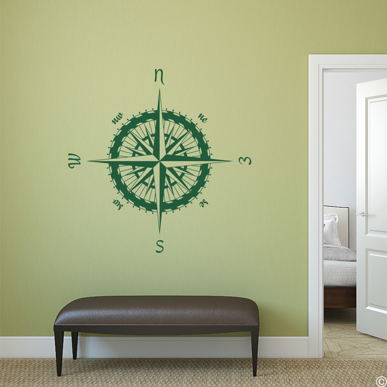 The Adrain compass rose vinyl wall or ceiling decal in dark green