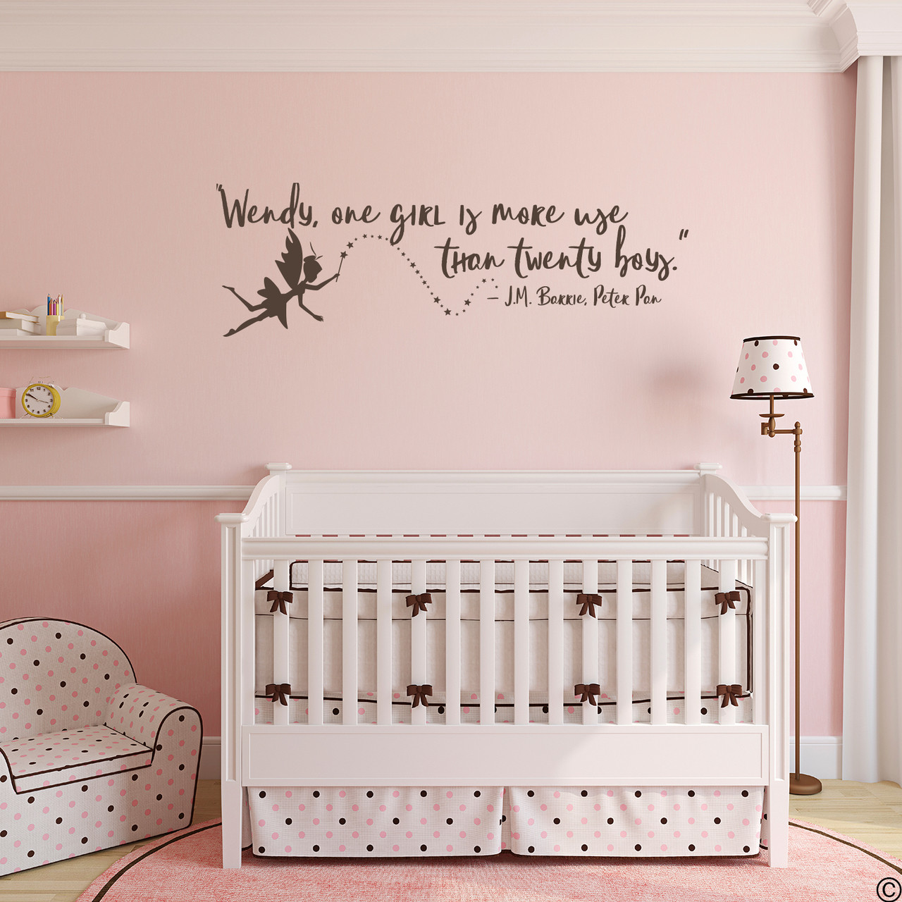 "Wendy, one girl is more use than twenty boys." — J.M Barrie, Peter Pan vinyl wall decal quote in brown