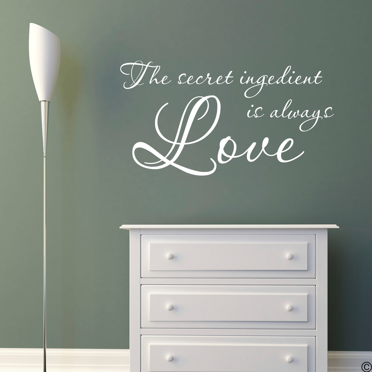 "The secret ingredient is always Love" vinyl wall decal quote in white