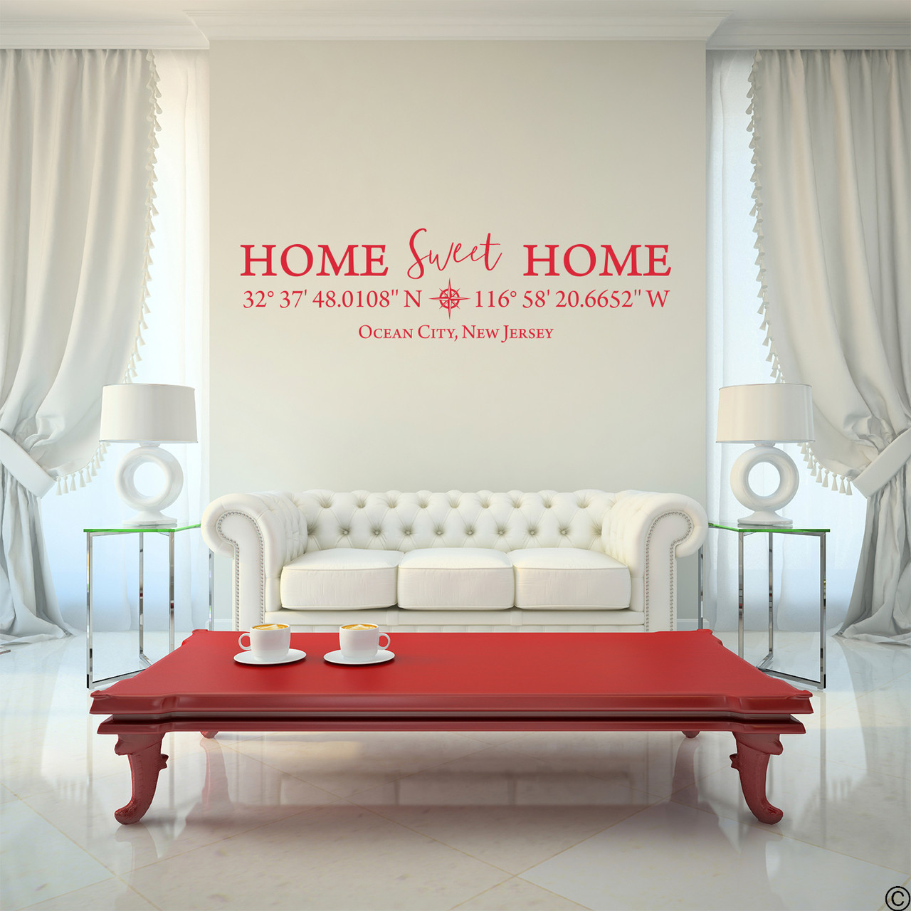 Home Sweet Home vinyl wall decal with customizable coordinates, town and state name in dahlia red